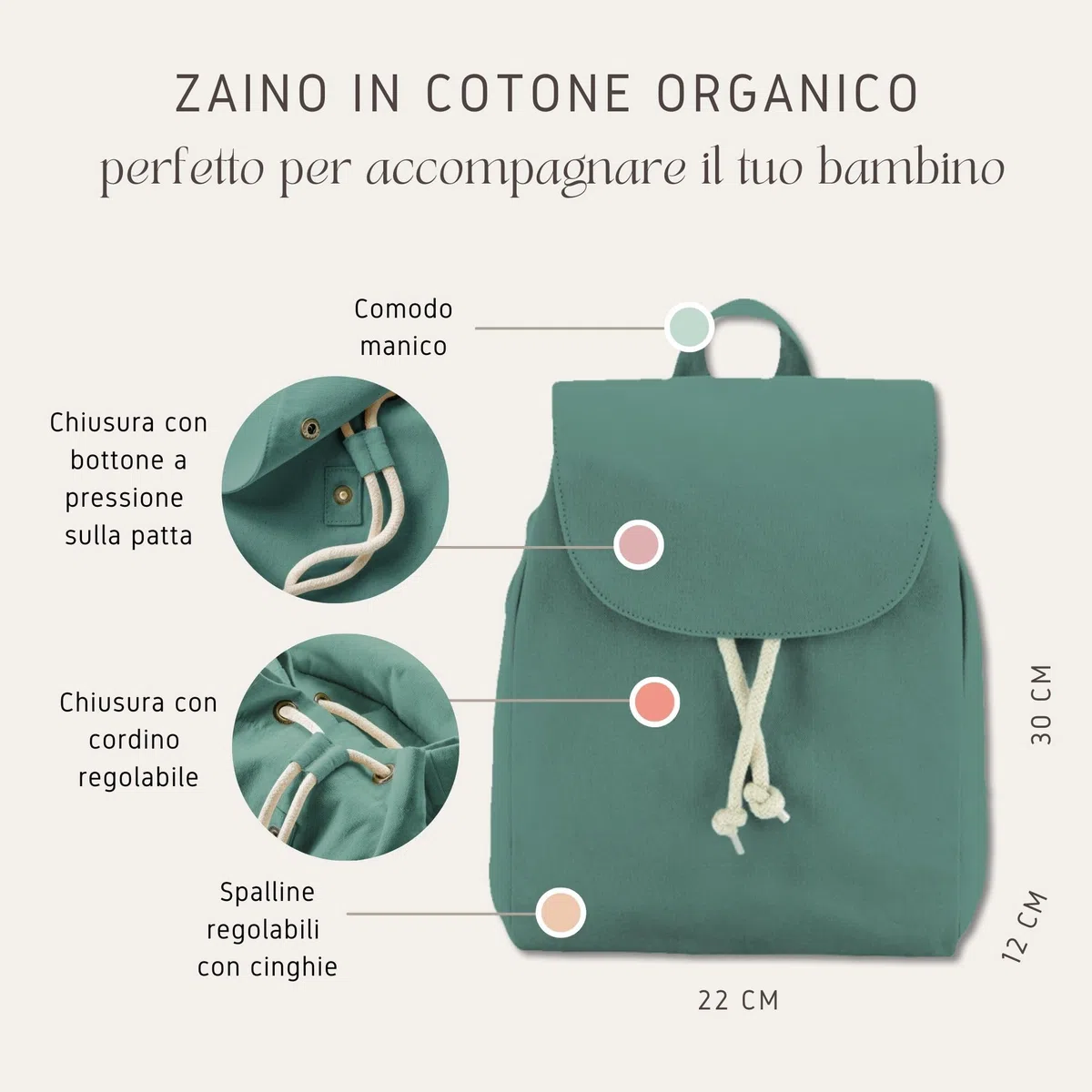 MAYRA Zaino, Sacca Personalizzabile per Bambino e Bambina in 100% Cotone Organico | Zainetto, Sacchetto per Asilo Nido Scuola Materna | Personalizzato con Ricamo Nome e Disegno