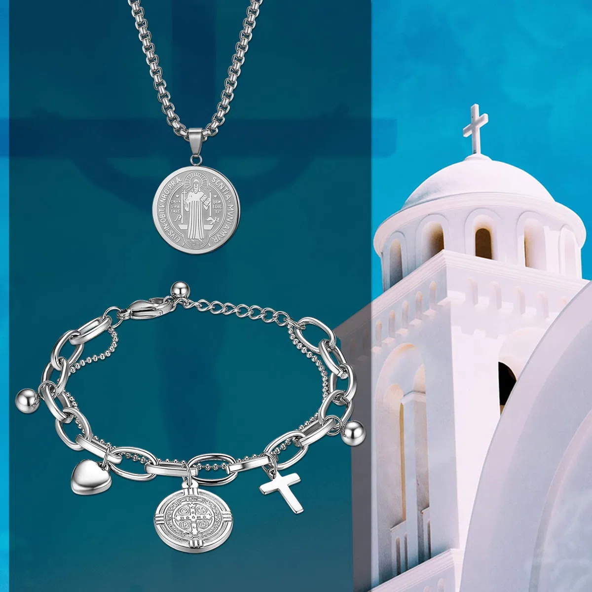 OIDEA Set di 2 braccialetti, collana con ciondolo a forma di medaglia, San Benedetto, croce medaglia, regolabile, in acciaio inox, argento, Acciaio inossidabile