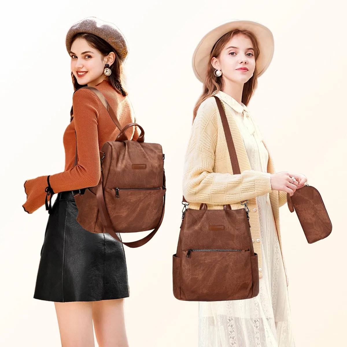 Leathario Zaino Da Donna Antifurto e a Prova di Spruzzi, Zainetto Multifunzionale in Pelle Vegana, Borsa Casual ed Moda per Viaggio, Scuola, Lavoro, Shopping, Visite e Università