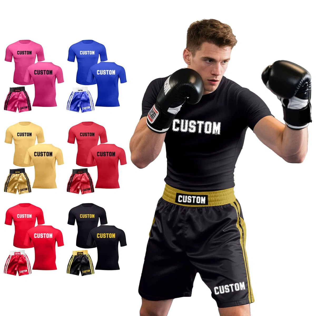 Generico Personalizzata Pantaloncini Muay Thai per Uomo e Donna con Testo Maglietta Boxing Uniforme per Arti Marziali MMA Cage Fighting Gym Training