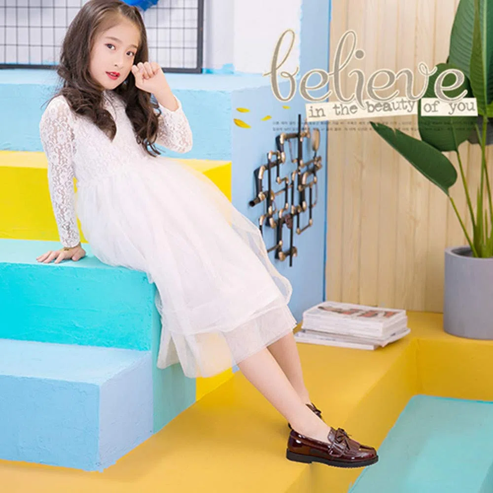 Mocassini Bambina in Pelle Scarpe da Bambina Stile Britannico con Fiocco.