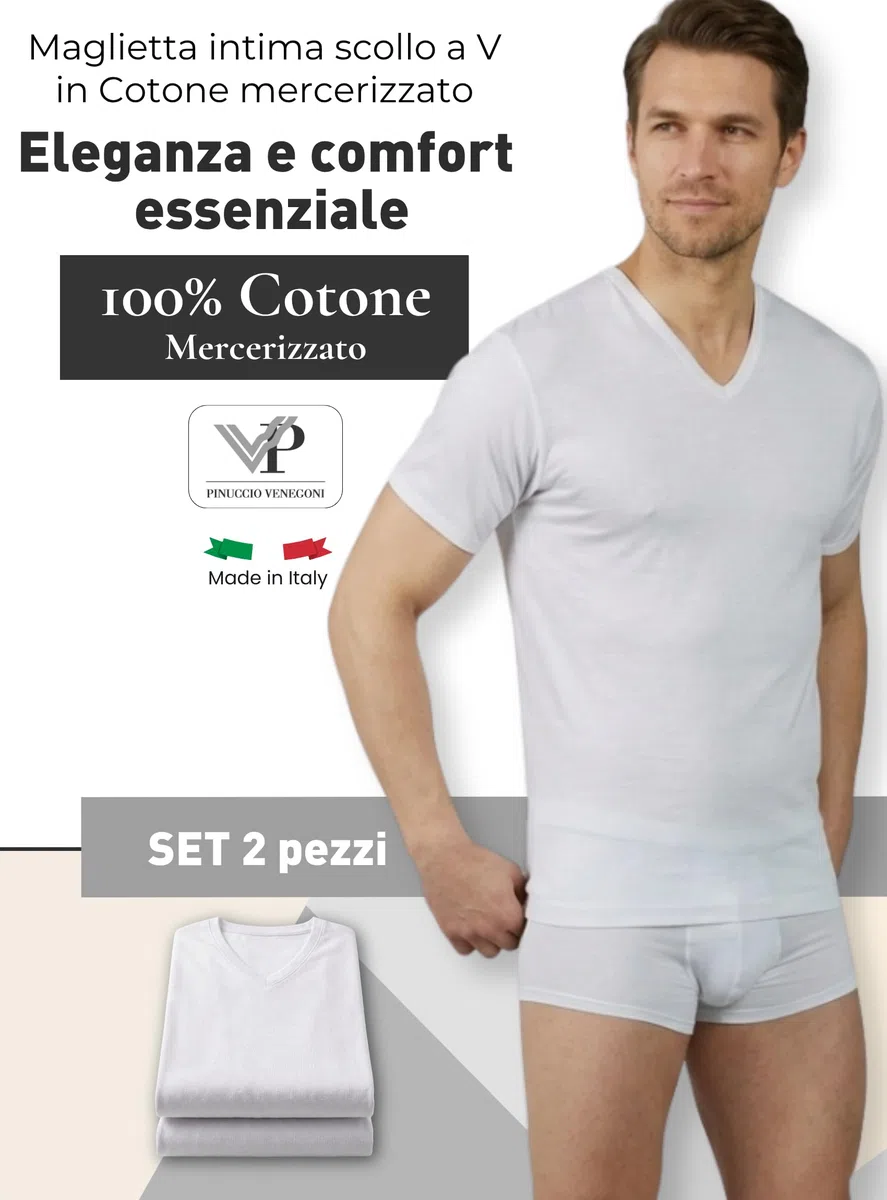 VP PINUCCIO VENEGONI Set da 2 Magliette Intime Uomo Cotone Mercerizzato | Scollo a V, Manica Corta, Bianche e Nere, Comfort Quotidiano | Made in Italy