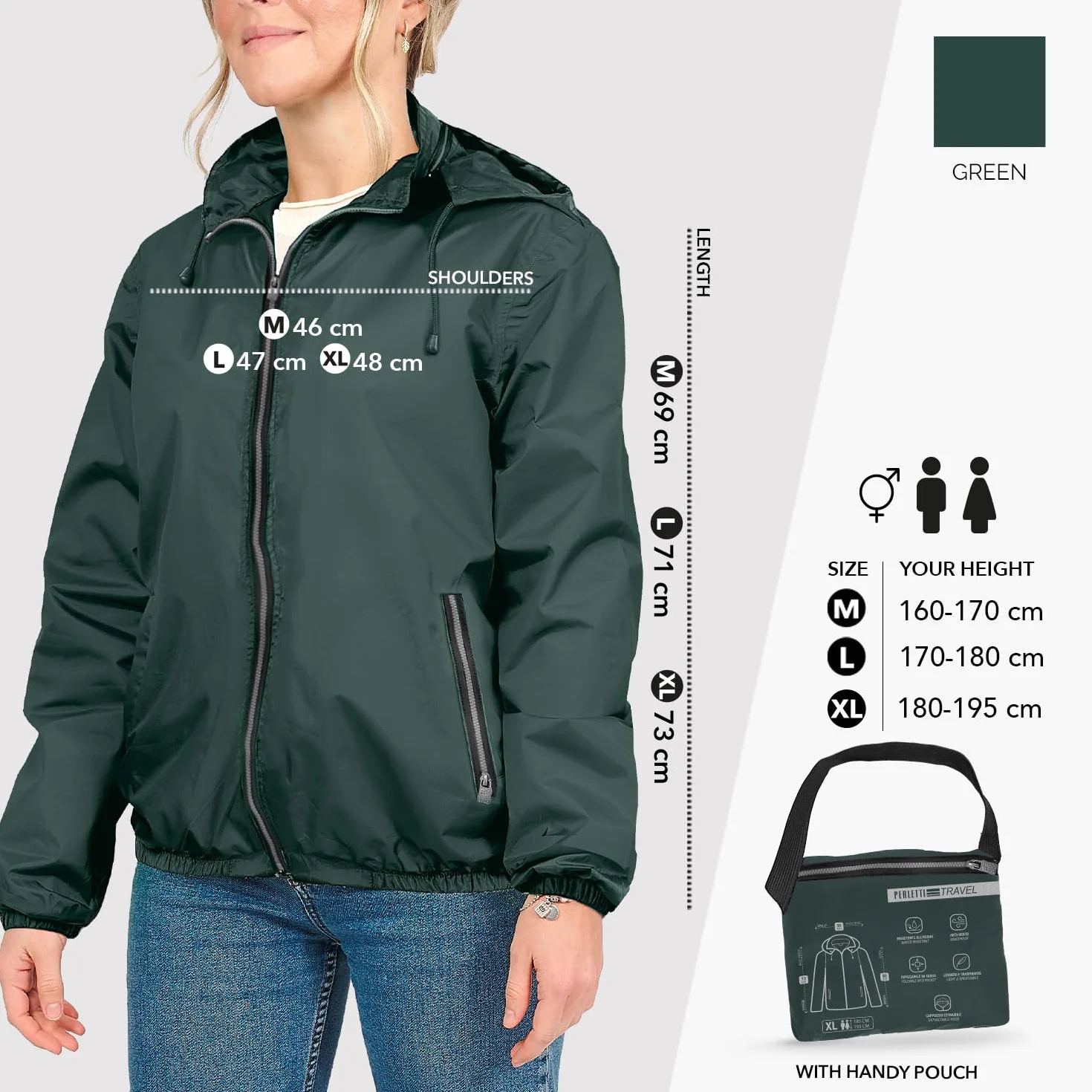 PERLETTI Giacca a Vento Donna Uomo Impermeabile - Giubbino Antivento Antipioggia Ultra Leggero con Cappuccio e Tasche - Giacca Sportiva Viaggio Unisex Outdoor Ripiegabile con Custodia