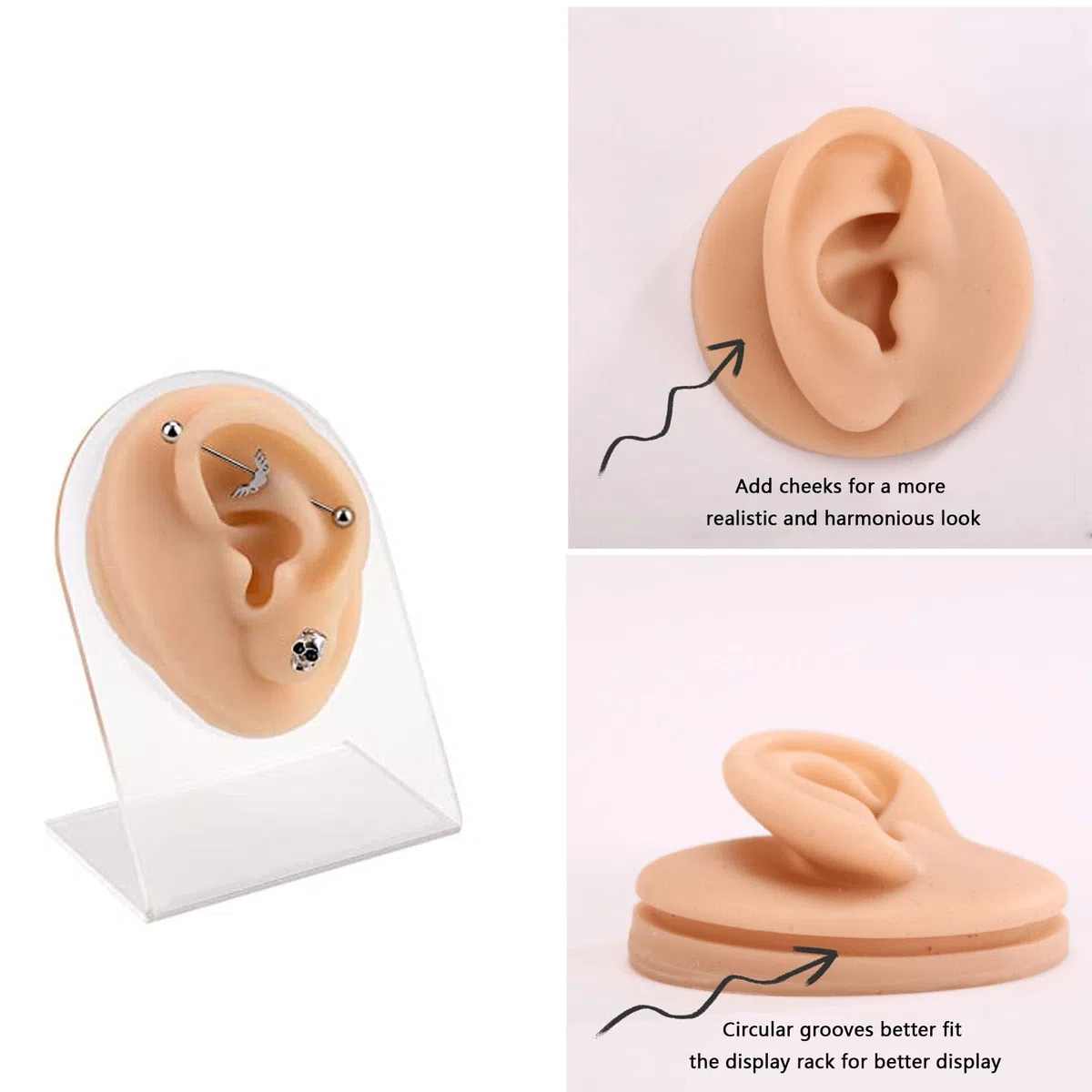 Finto Stampo Per Orecchio, 1 Paio Di Orecchio In Silicone Modello, Orecchio In Gomma Per La Pratica Del Piercing, Morbido Silicone, Con Espositore In Acrilico, Per Orecchini, Espositori Per Gioielli