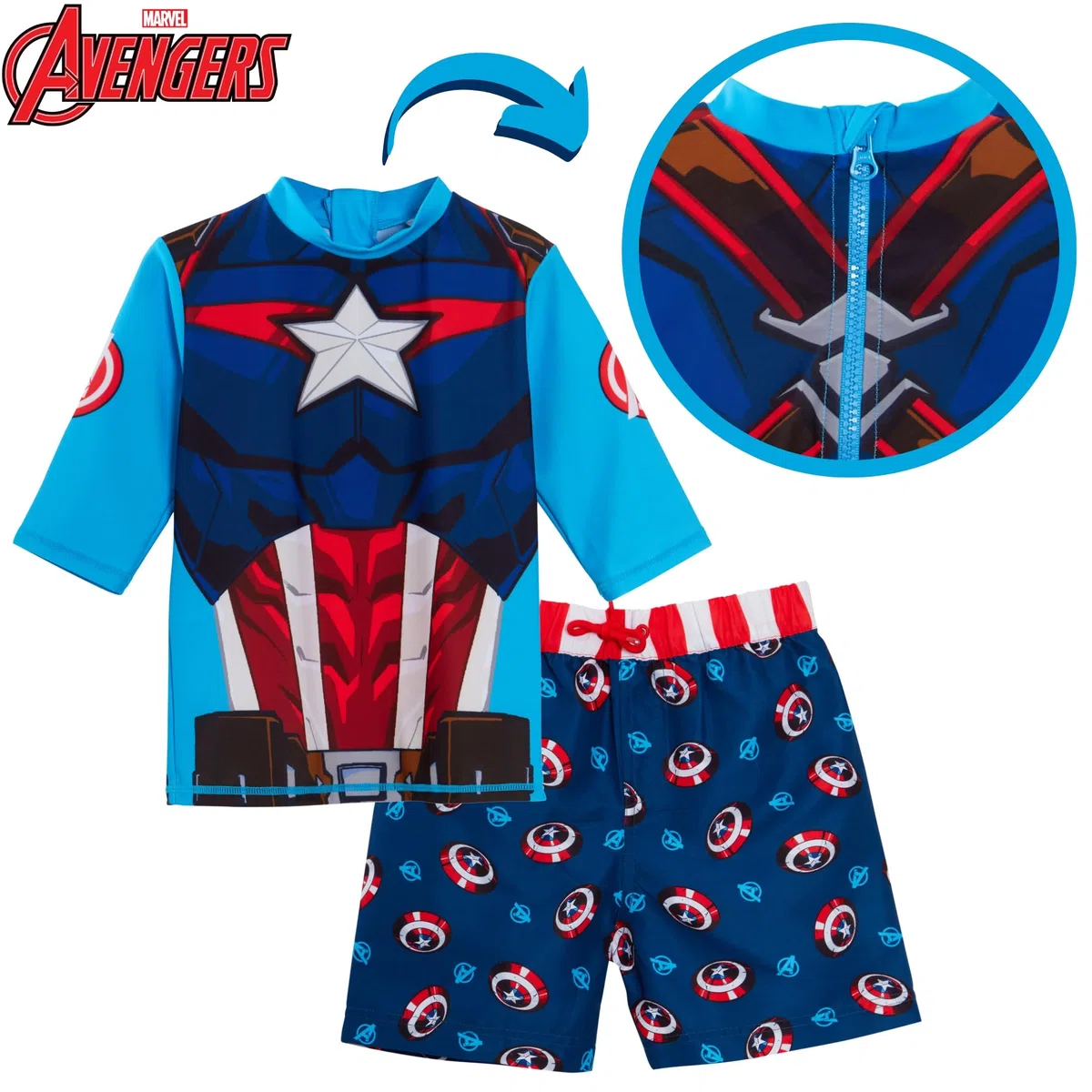 Marvel Pantaloncini da Bagno Captain America + Rash Vest Set da Bagno in 2 Pezzi Set da Bagno per Bambini Top da Surf + Pantaloncini da Surf