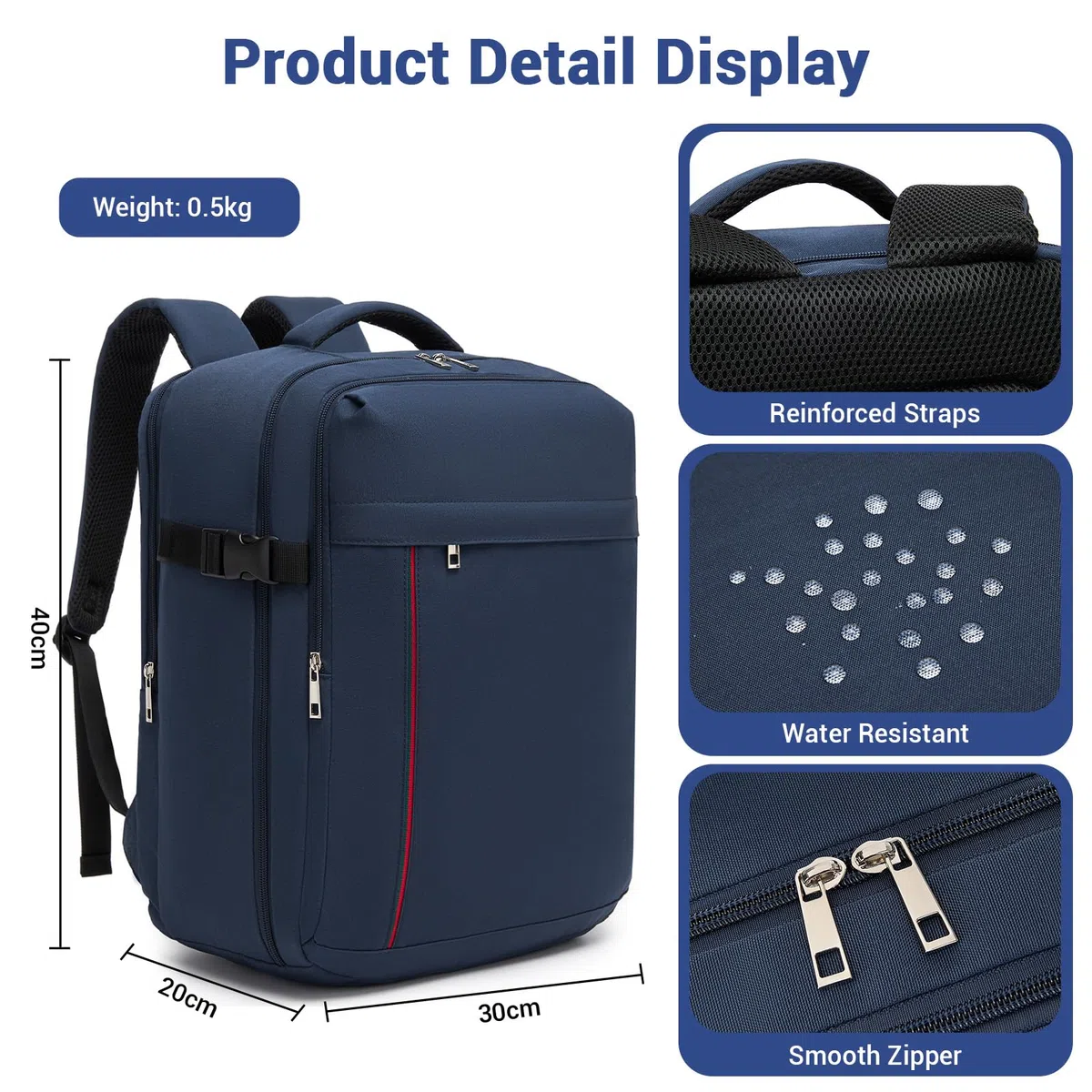 KONO Zaino 40x30x20 Ryanair Bagaglio a Mano 24L, Zaino da Viaggio Aereo Multitasche Compatto Leggero Impermeabile con Scomparto Laptop 15.6 Pollici per Uomo Donna Viaggi Weekend (Blu, 40x30x20cm)
