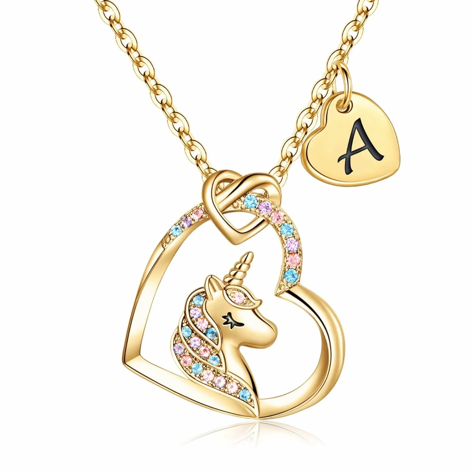 TINGN Regalo per Ragazza Collana Unicorno, Ciondolo Cuore CZ Placcato Oro 14k Collane Unicorno per Donna Catena Unicorno Oro Donna Regali di Compleanno Unicorno Iniziali per Gioielli per Ragazze