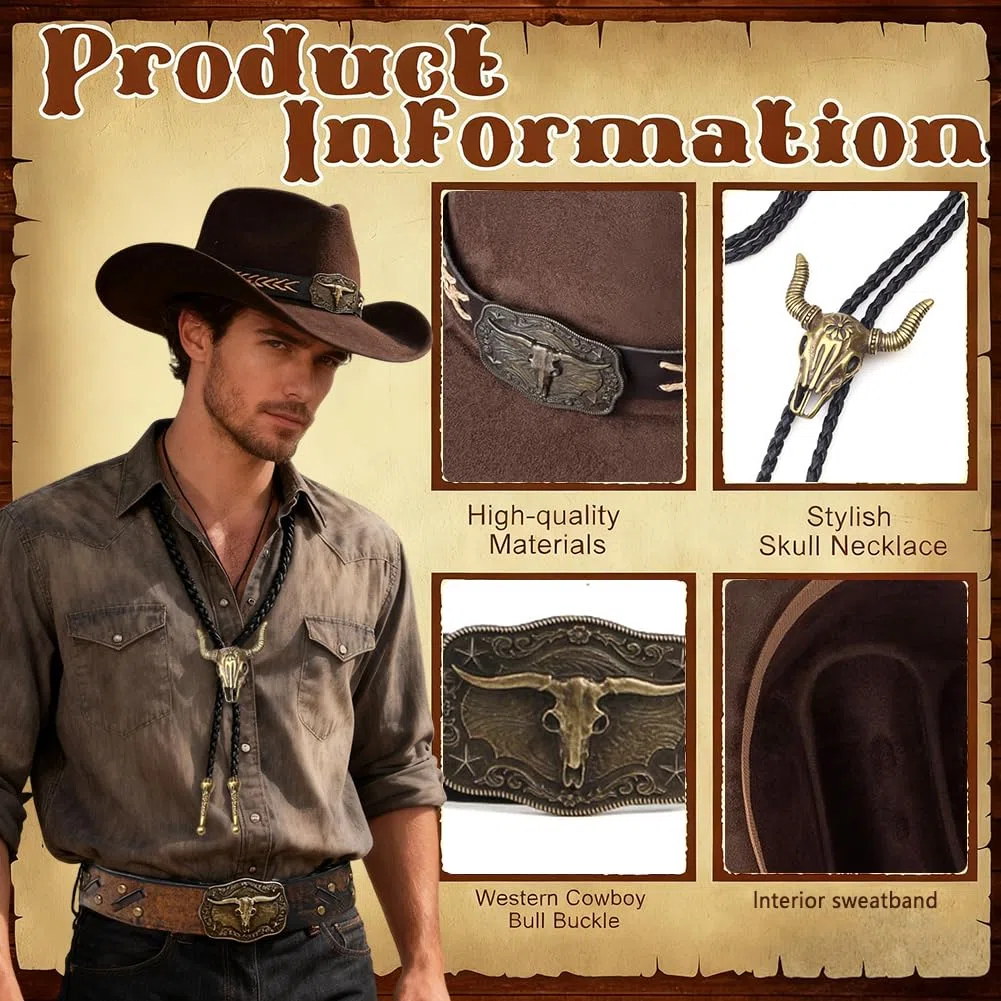 Cappello da Cowboy per Adulti Colore bronzo Cravatte da Cowboy in Pelle Fasce Per Cappelli in Pelle,Stile Cowboy Occidentale，Costumi di Carnevale，Halloween e Feste a Tema