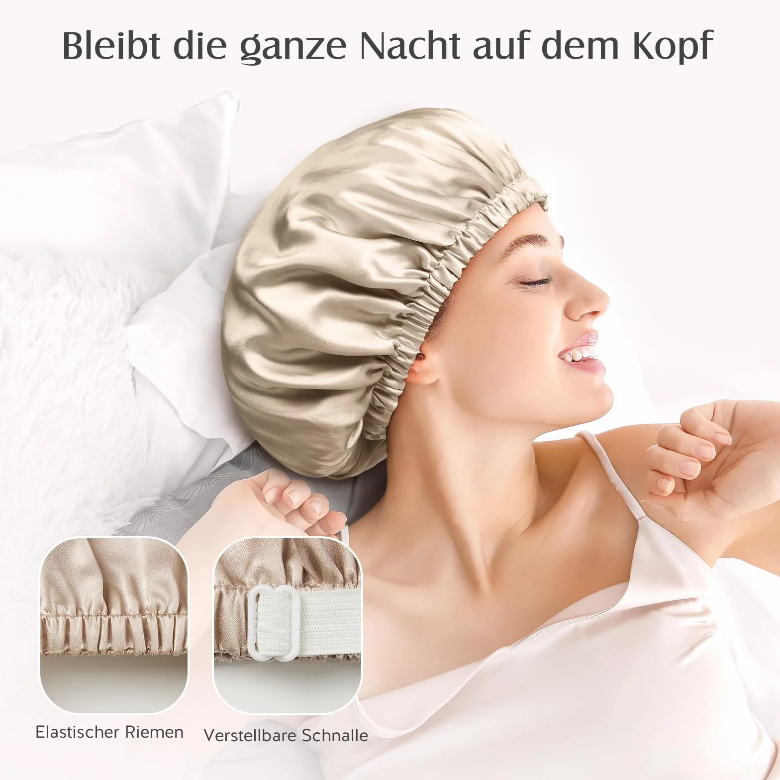 Umisleep 22 Momme - Cappello per Dormire in Seta di gelso, Doppio Strato per Capelli Ricci, Traspirante e Regolabile con Fascia Elastica, Colore Champagne, 53-63
