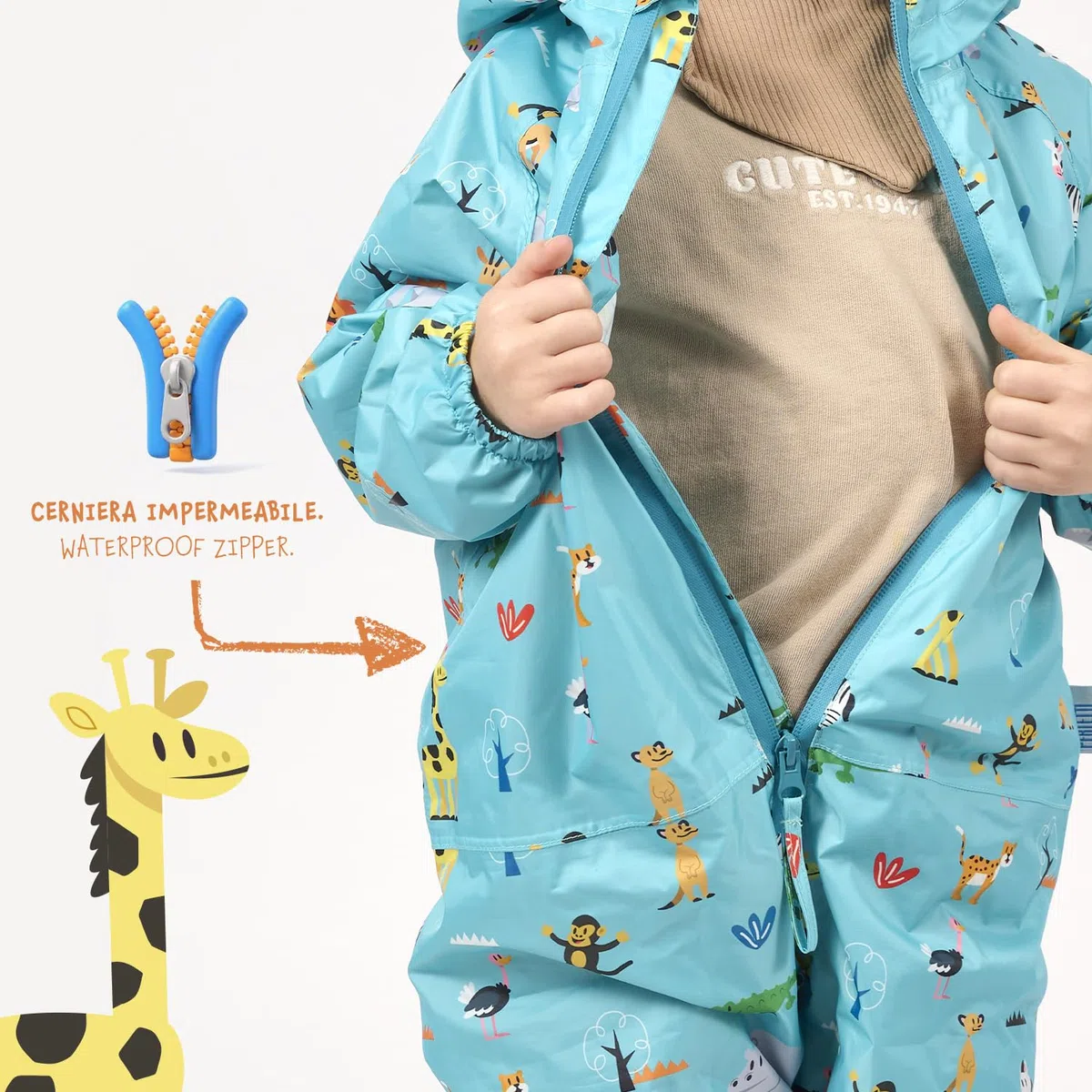 PERLETTI Tuta Impermeabile Bambino Bambina con Cappuccio - Antipioggia Comoda Leggera con Dettagli Catarifrangenti Bimbo Bimba 2 3 4 5 Anni - Tutina Pioggia Bambini Scuola Materna con Cerniera