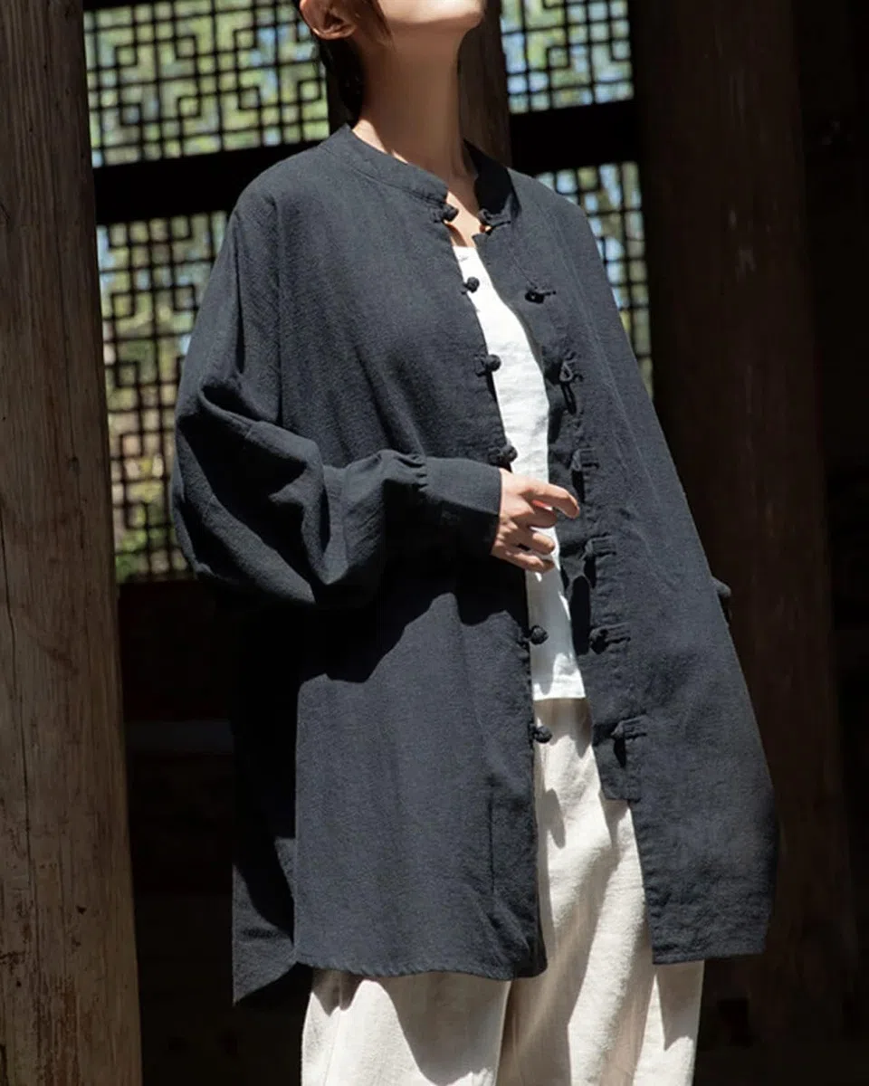 Lazutom Camicia da donna in cotone e lino con bottoni a forma di rana, colletto alla coreana, per arti marziali cinesi, Kung Fu Tai Chi, tunica