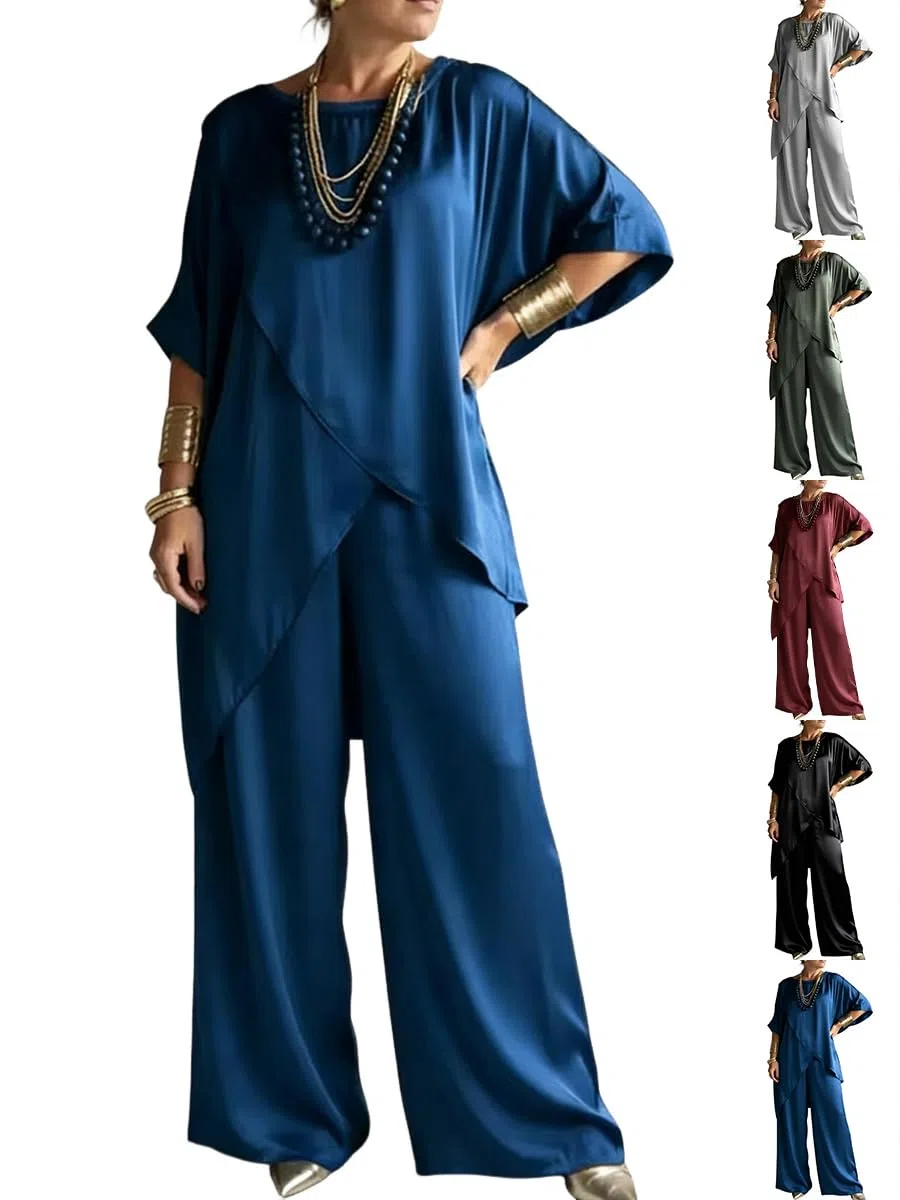 shownicer Completo Donna Elegante Raso Tuta Estivo 2 Pezzi Set Maniche Corte Top E Pantaloni Curvy Completo Due Pezzi Set Completi Tute