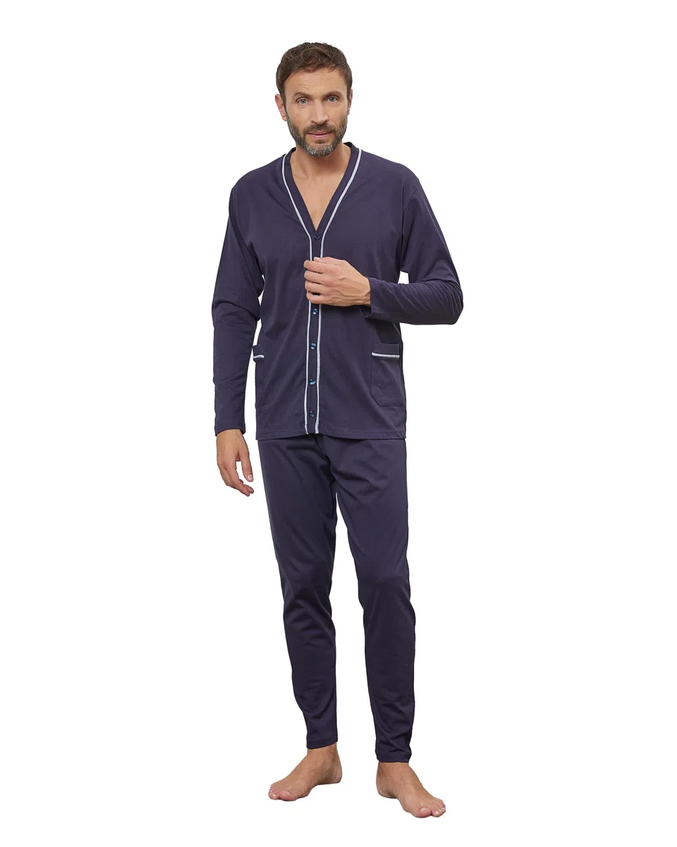 SNELLY Pigiama Uomo Estivo Primaverile 100% Cotone, Pigiami 2 Pezzi Maglia Maniche Corte e Pantalone Corto o Lungo, Pigiama Aperto con Bottoni, Grigio e Blu Navy, Taglia M L XL XXL (Taglie Forti)