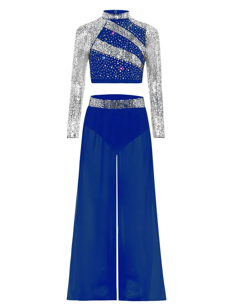 MSemis Tuta da Ballo Lirico Contemporaneo Bambina Completo da Ballo Latino Americano Tango Crop Top da Ginnastica Artistica Manica Lunga + Pantaloni Larghi Dancewear