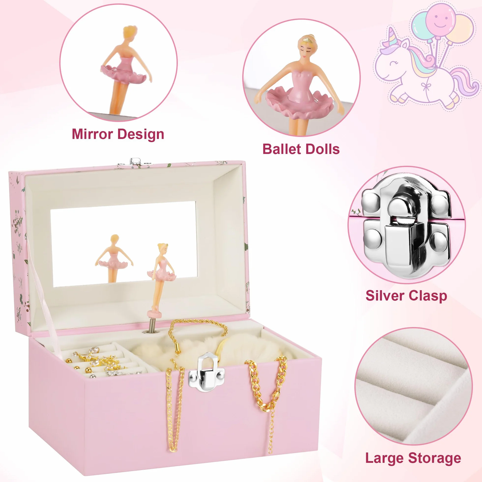 Scatola Musicale per Bambine, Portagioie Carillon con Ballerina Rotante, Carillon Portagioie Musicale Keepsake Regalo per Età 3-10 Anni, 18x12x10cm, Rosa