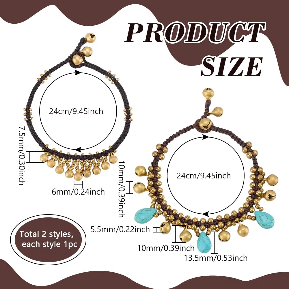 PH PandaHall Bracciali Caviglia Bohemien 2 pz Cavigliere Campana Cavigliere Indiane Oro Turchese Goccia per Caviglie per Donne Adulti Estate Spiaggia Gioielli, 24cm