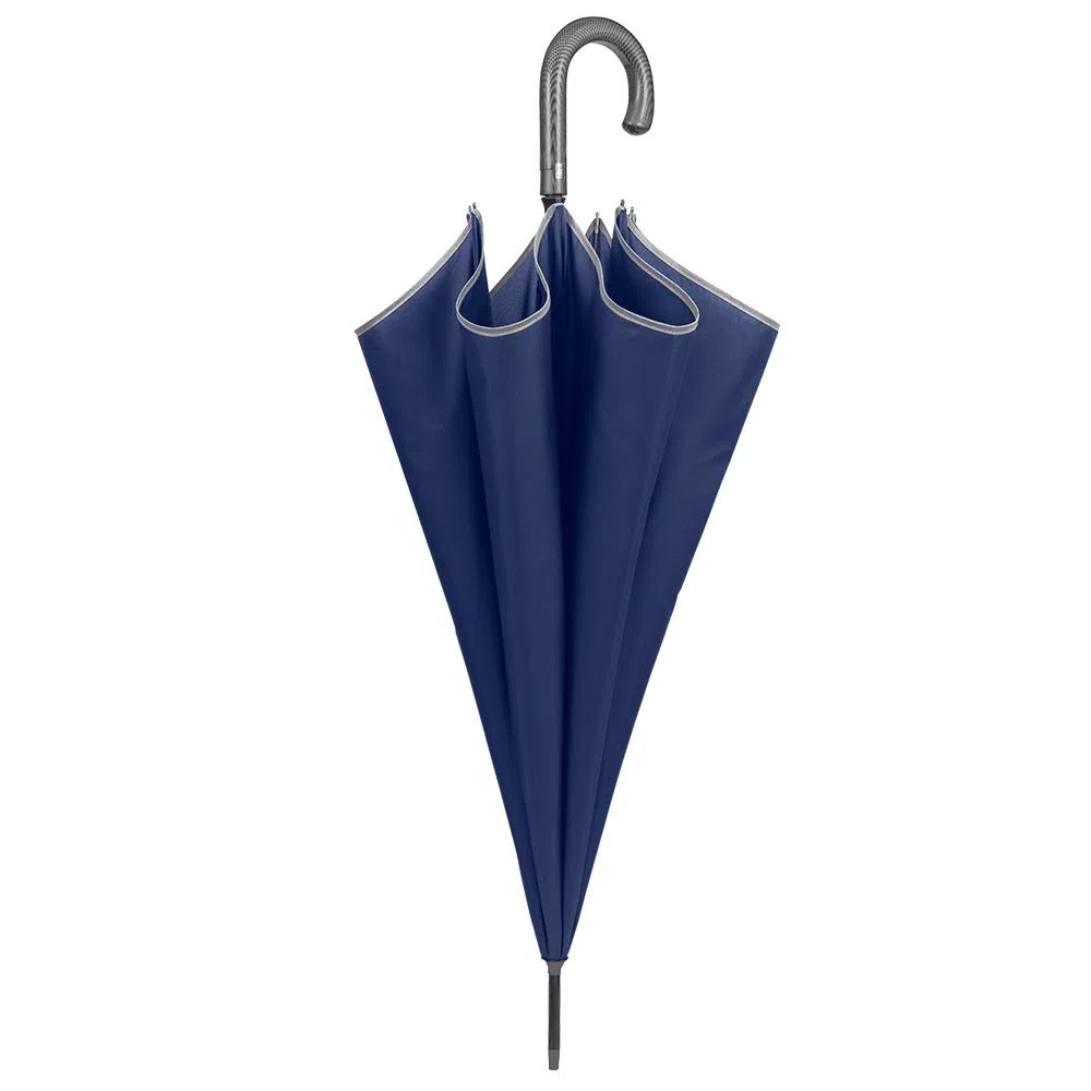 PERLETTI Ombrello Blu CATARIFRANGENTE Lungo Golf Uomo Donna Automatico - Ombrello Classico Grande XL Riflettente 2 Persone Antivento Resistente Robusto in Fibra di Vetro Elegante (Manico Curvo)