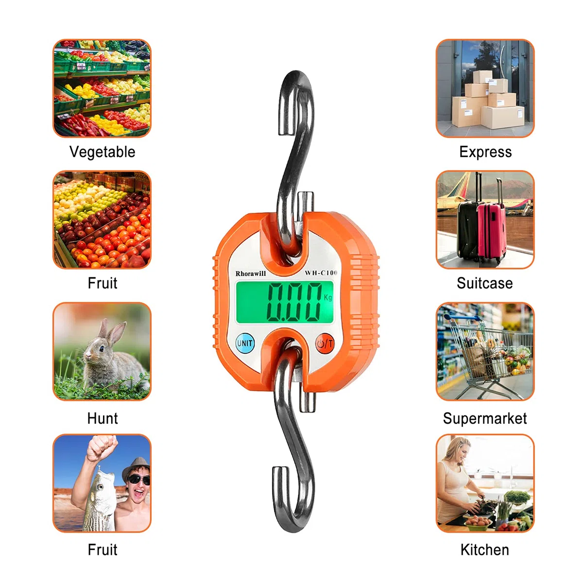Rhorawill Digitale Bilancia a Gancio Bilancia Valigia 150KG Bilancia Pesa Valigie con Gancio Bilancia Portatile a Sospensione con Display LCD per Viaggio, Pesca, Caccia All'aperto (Arancione)