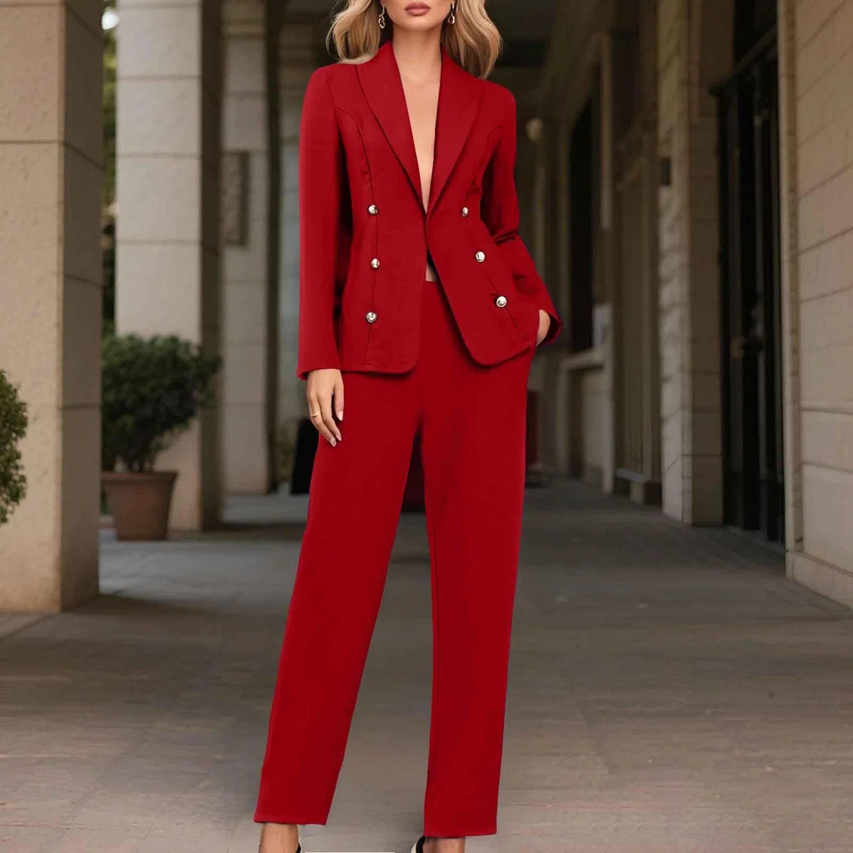 Generico Tailleur Donna Eleganti Pantaloni e Giacca da Cerimonia Curvy Completo Blazer a Maniche Lunghe Tuta Elastici in Vita Set di Abiti in Tinta Unita Pantalone Giacche Due Pezzi Elegante Suit