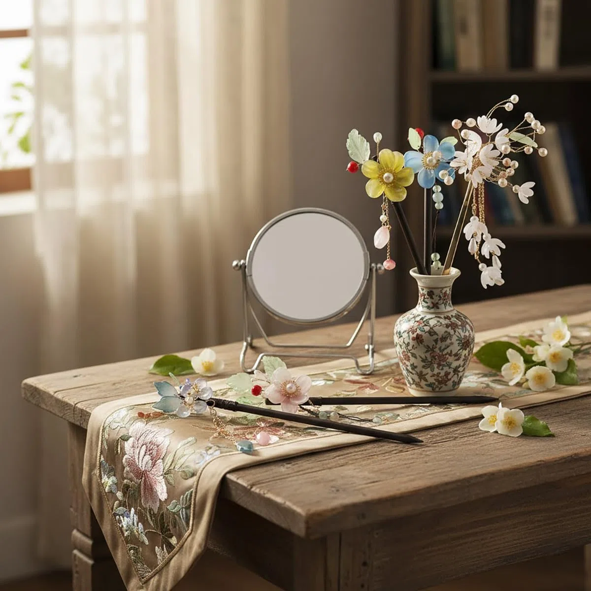 Set di forcine asiatiche con decorazioni floreali, 5 bacchette per capelli in legno e metallo, 18 cm