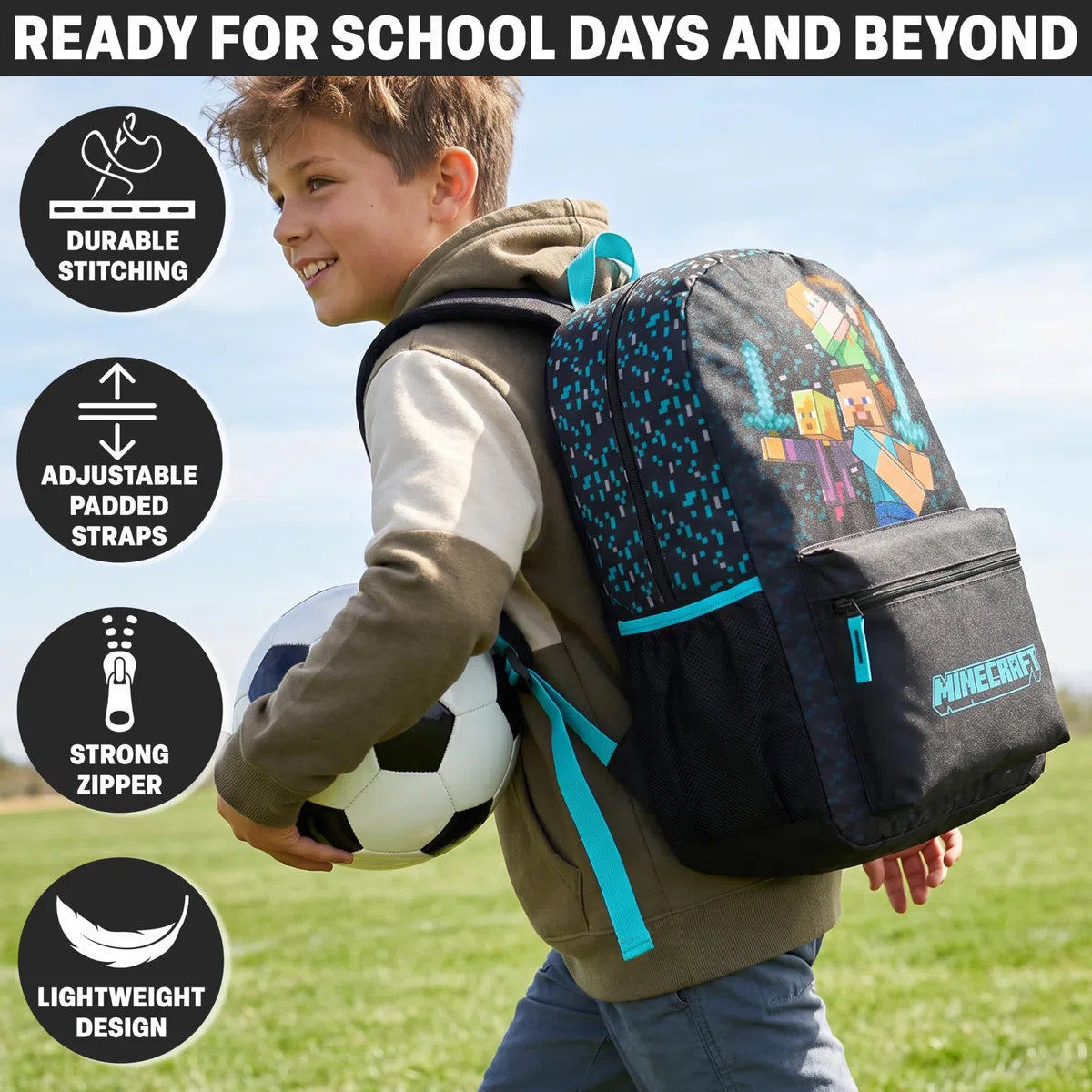 Get Trend Minecraft Zaino Scuola Ragazzo, Borsa Zaino Grafica Pixel Spallacci Regolabili Imbottiti Tasca a Rete Ideale per Scuola (Blu/Nero Minecraft)