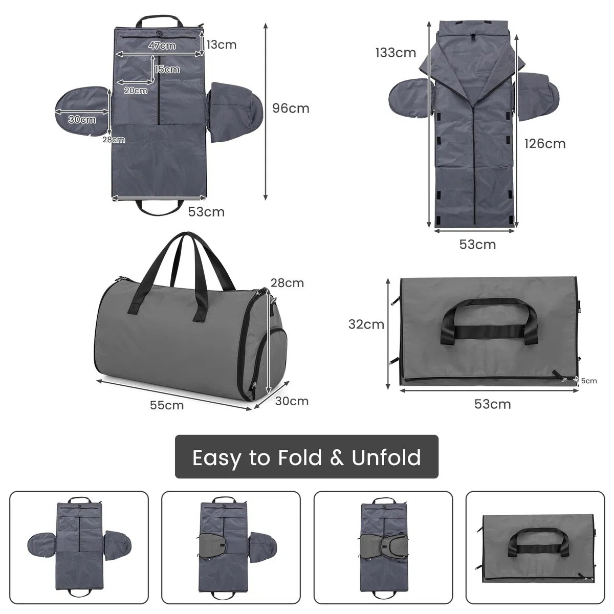 GIANTEX Borsa da trasporto 2-In-1 convertibile con tasca per scarpe, borsa da viaggio per viaggi d’affari/fine settimana/palestra 50L per uomini donne (Grigio Scuro)