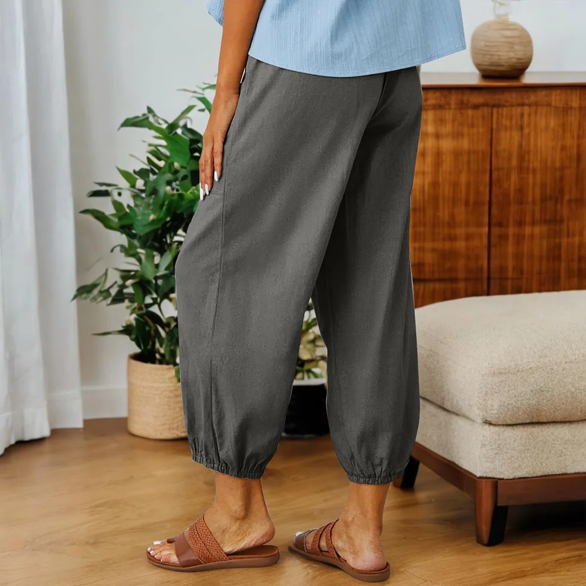 Pantaloni Donna Estivi Leggeri Cotone Pantaloni a 7/8 Gamba Larga Casual Pantaloni Cropped Harem Pants Elastici in Vita per Spiaggia Vacanze