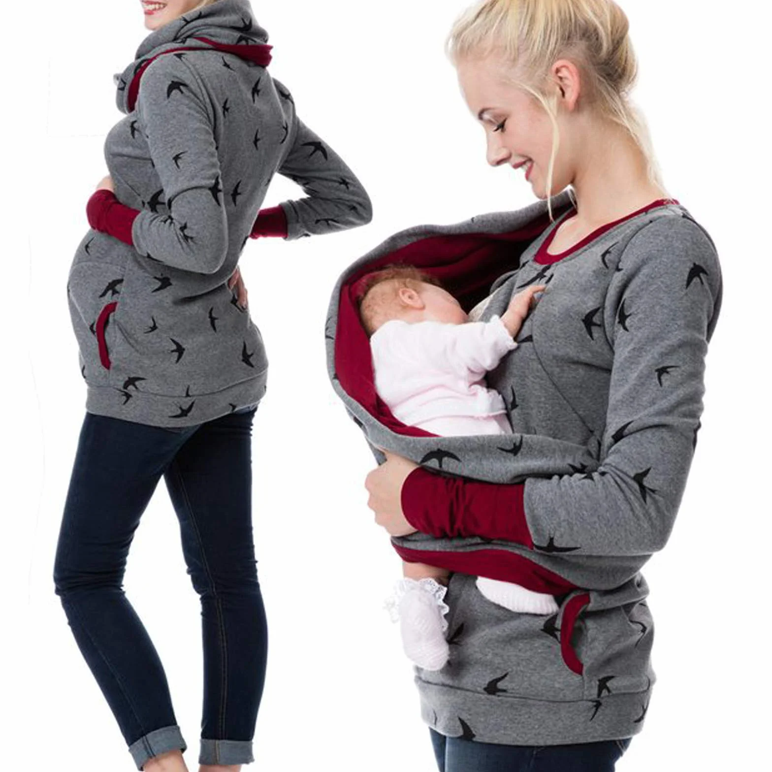 MaNMaNing Felpa con Cappuccio Top Sweatershirt Infermieristica maternità Maglione Incinta Allattamento al Seno Camicetta per maternità (Wine, L)
