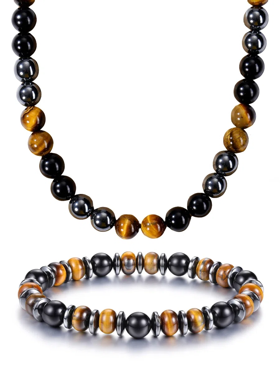JSDDE Collana e bracciale tripla protezione in pietre e cristalli per uomo donna Parure gioielli protezione dall'energia negativa in pietre naturali occhio di tigre ossidiana ematite 8 mm