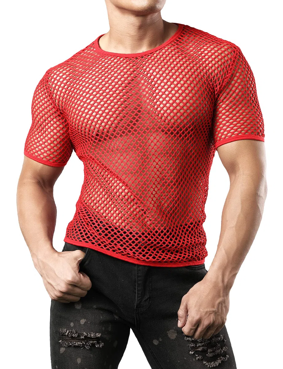 JOGAL Camicia da uomo a maniche corte trasparente muscolare