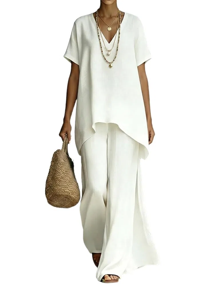 shownicer Completo Donna Due Pezzi Set Estiva Manica Corta Scollo a V Tops + Pantaloni a Gamba Larga Casual Tuta