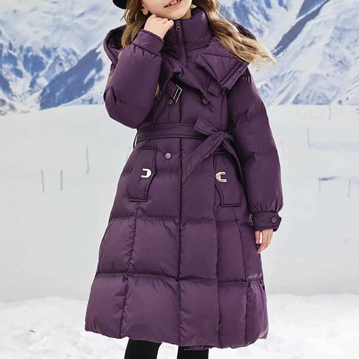 Piumino invernale da ragazza, lunghezza al ginocchio, parka, con fiocco, cintura, colletto rialzato, caldo, pesante, elegante, con cerniera, antivento, capispalla lungo per bambini