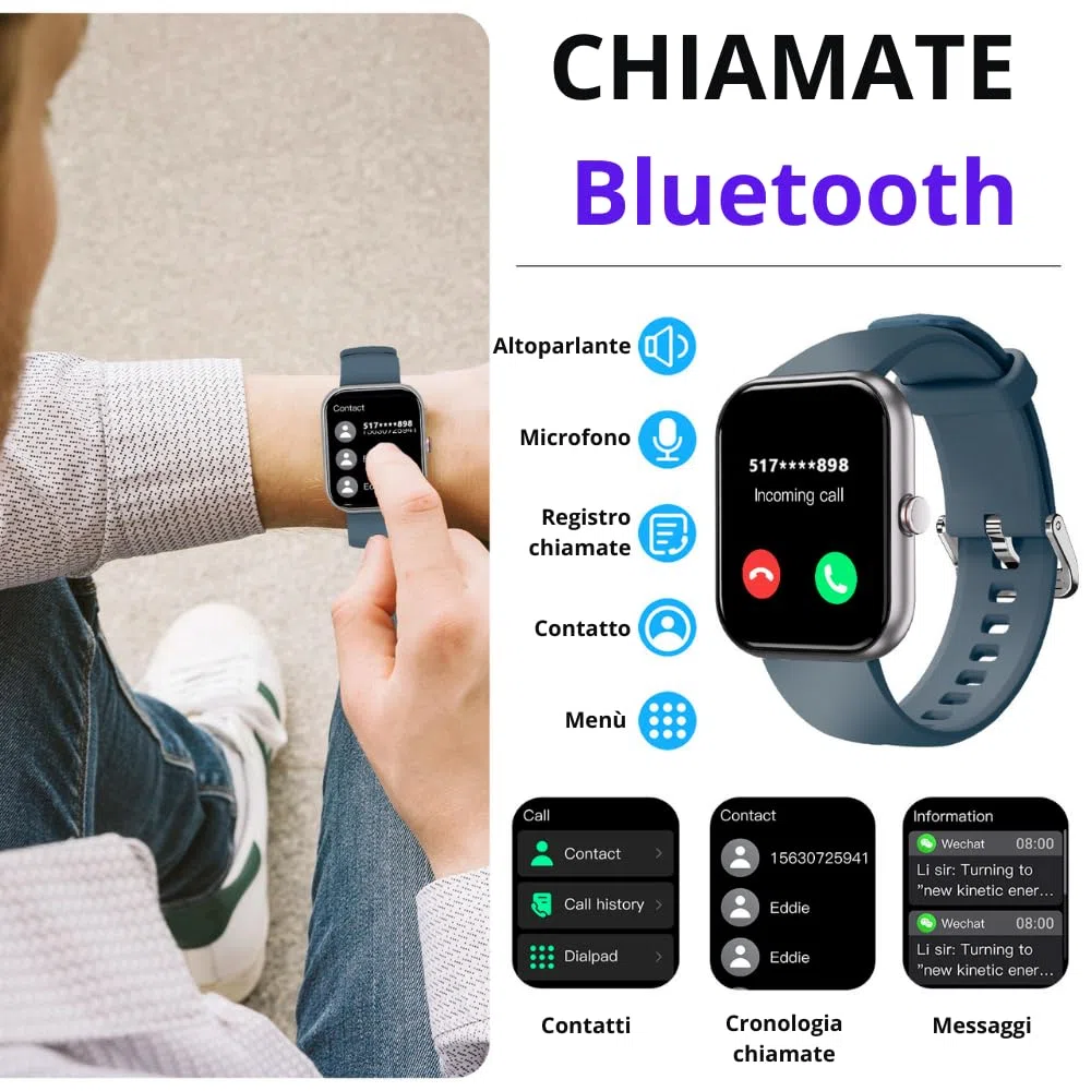 Smartwatch Uomo Donna 1.91" Orologio Intelligente Batt 320mAh, Chiamate Bluetooth, Fitness, Contapassi, Sonno, Cardiofrequenzimetro, Salute Femminile, Monitor SpO2, IP68, Android/iOS Istruz. ITA Blu