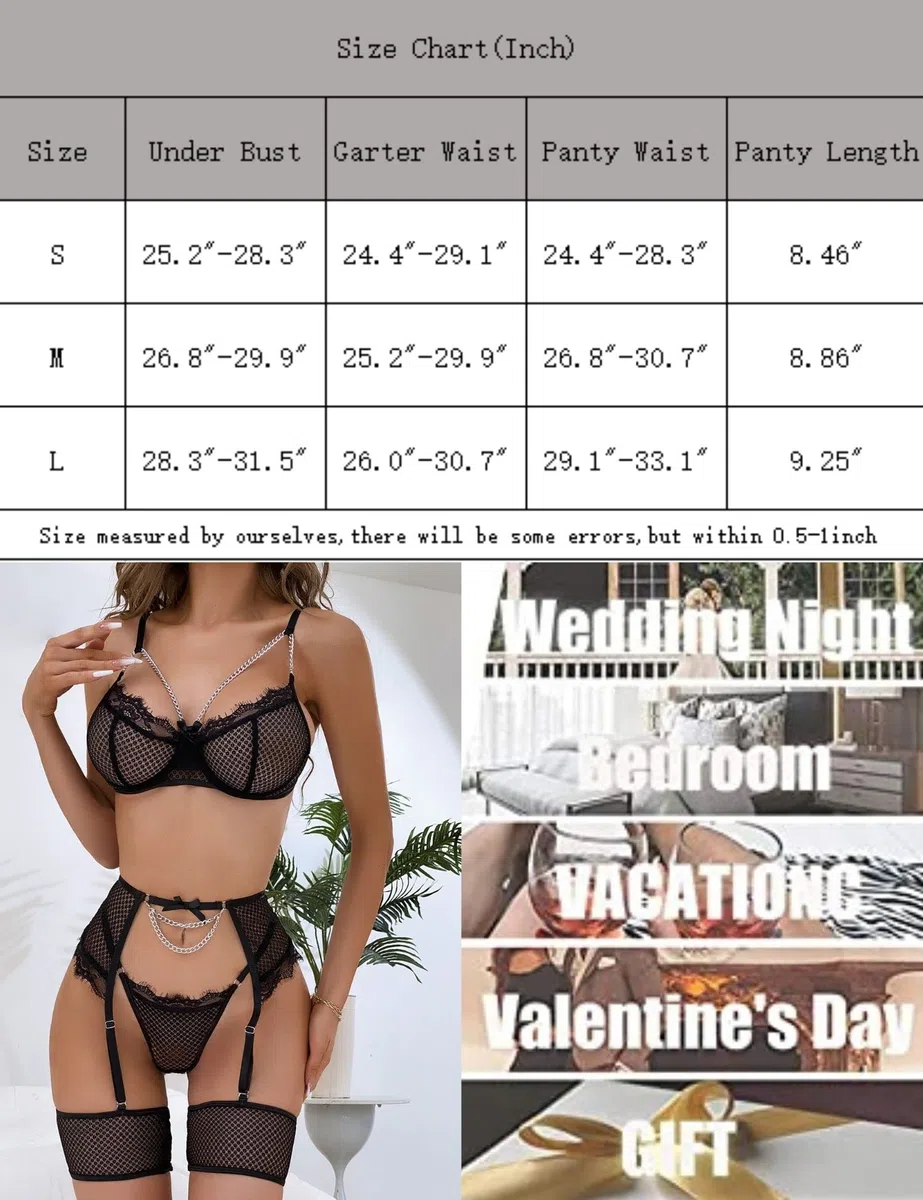 Aranmei Lingerie Sexy da Donna 4 Pezzi Set Esotico Strappy Lingerie con Reggicalze in Pizzo con Ferretto Reggiseno e Slip Set