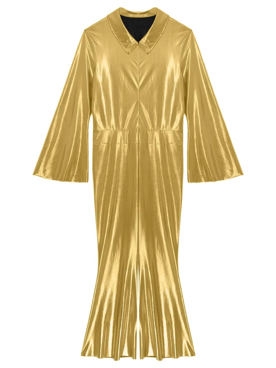 70s Disco Outfit Uomo Glitter Metallic Jumpsuit Lunga Tuta Stretch Flare Pantaloni Gamba Larga Olografica Festival Outfit