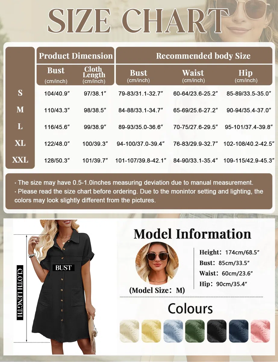 Abito Estivo Donna Vestiti Camicia con Bottoni Vestito Scollo a V Maniche Corte Casual Elegante Abiti Comodo Cotton Larghi Copricostume Spiaggia Mare con Tasche