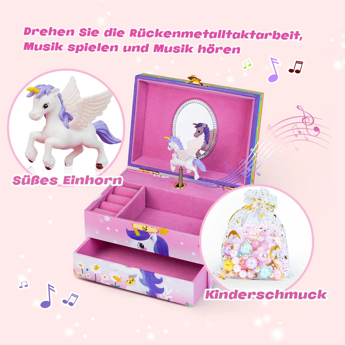 ADEL DREAM contenitore musicale con unicorno con ali d'angelo musicali regalo per bambini unicorno rosa a due strati set di accessori da 5 pezzi