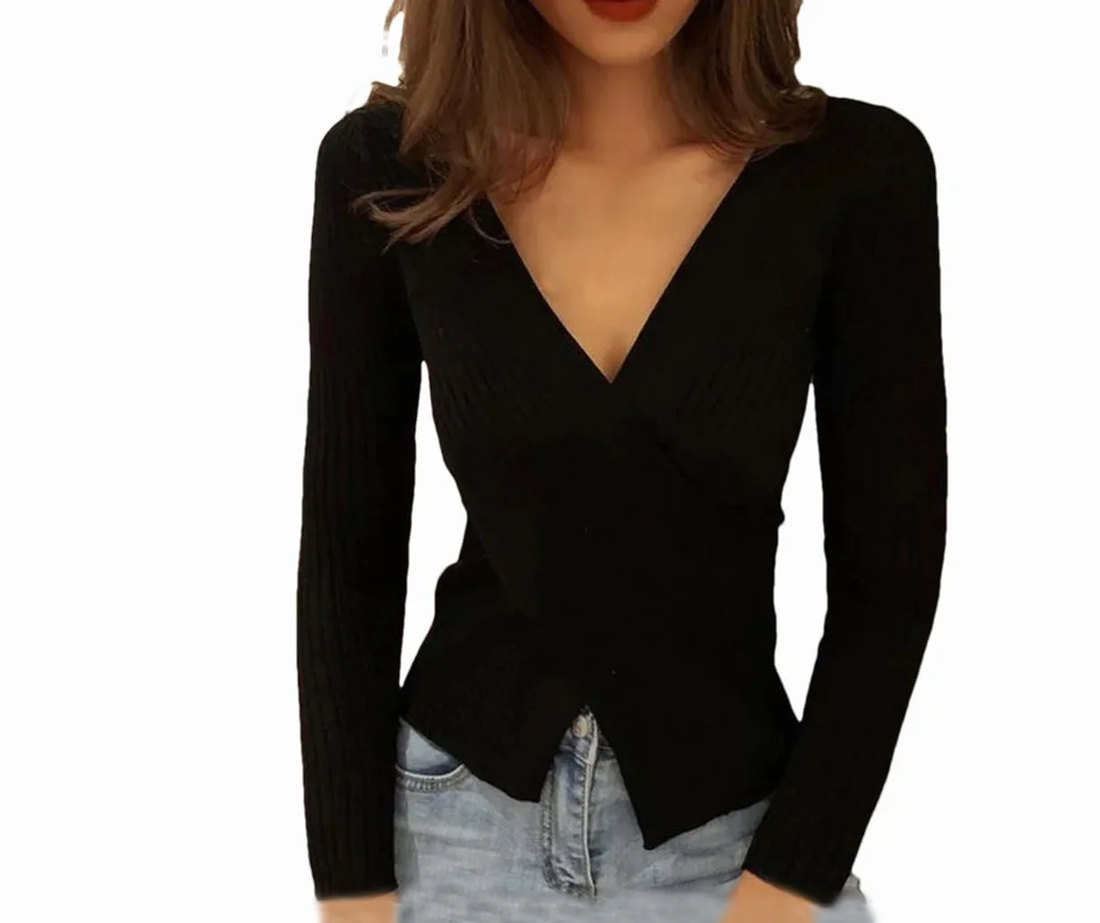 Hamthuit Maglioni Incrociati con Scollo A V da Donna Maglioni Incrociati da Donna A Maniche Lunghe Unita A Righe Camicia Casual