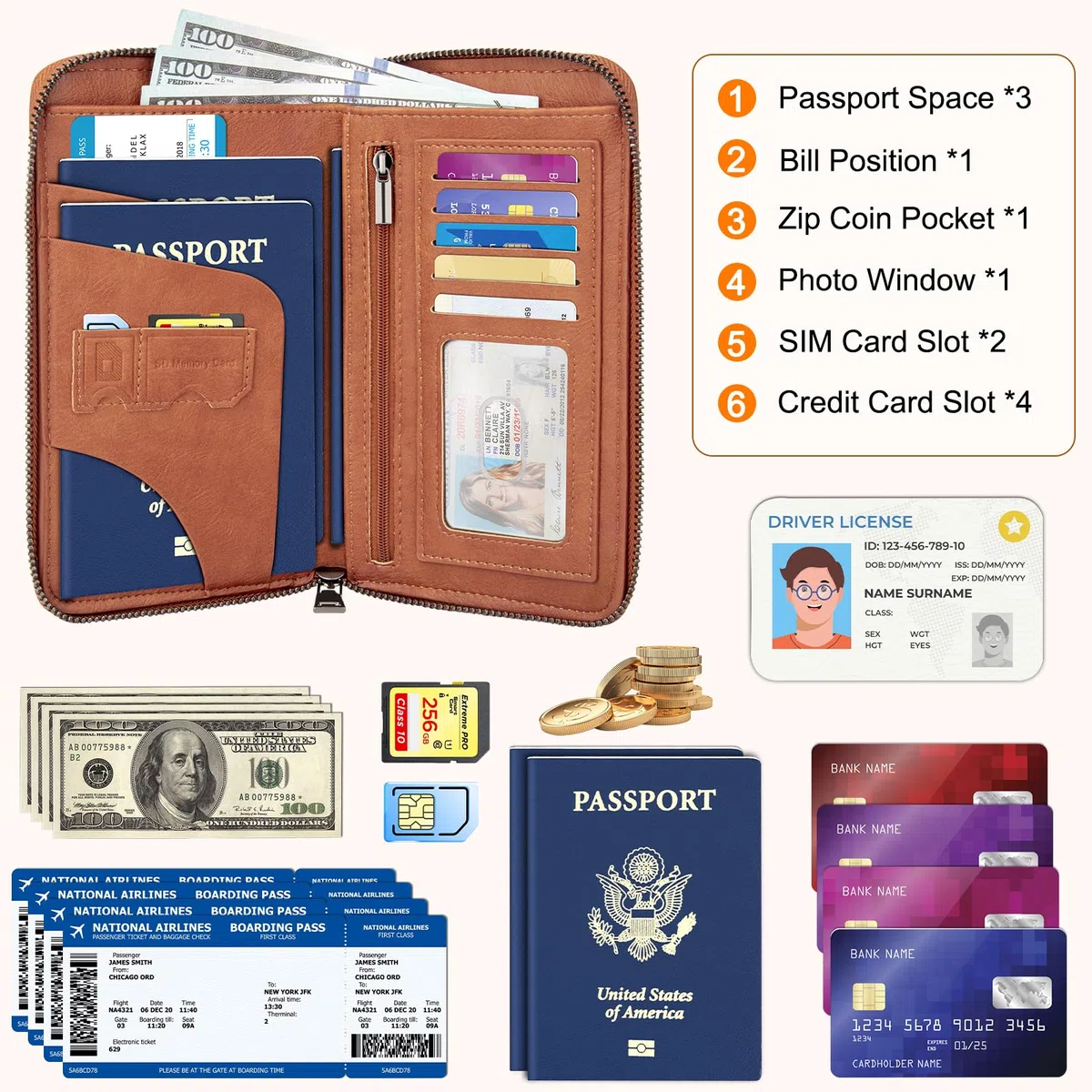 Portafoglio da Viaggio RFID, Porta Passaporto per Famiglia in Pelle PU, Portadocumenti da Viaggio con Cinturino Amovibile, Grande Capacità Custodia Passaporto, Organizer Portadocumenti