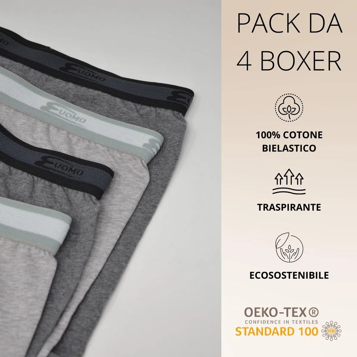 COTONELLA - Boxer Uomo Cotone Elasticizzato Pacco da 4 Bielastico Mutande Uomo Cotone Intimo Mutande Uomo Colorate alla Moda Bianchi Neri Grigio