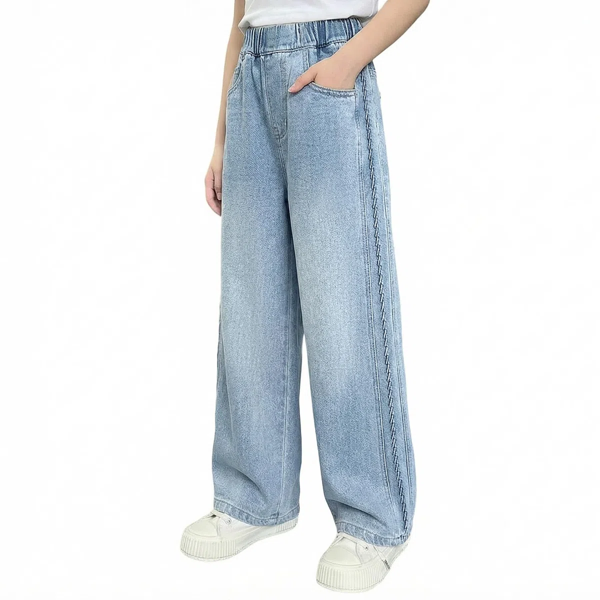 Jeans Ragazze Bambina Baggy Loose Fit Denim Pantaloni Gamba Larga Lunghi Jean con Vita Elastica Blu Casual Stretch Denim Pants con Tasche Moda Versatile Streetwear per Ragazza 7-15 Anni