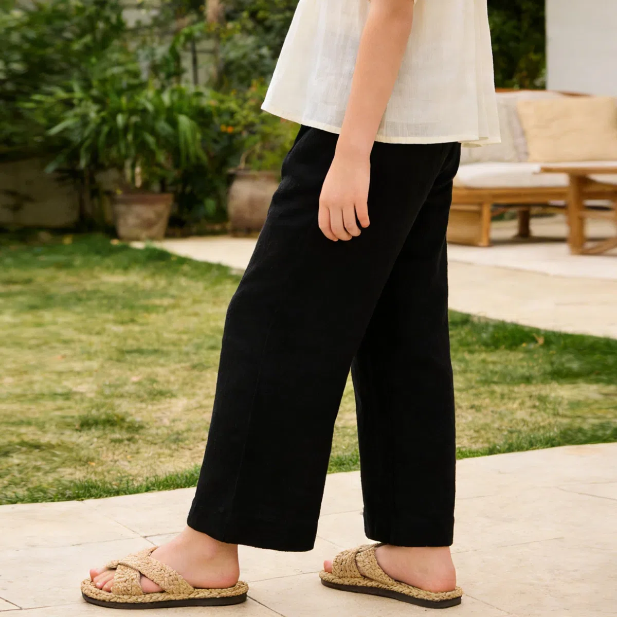 Rolanko Pantaloni di Lino per Ragazze, Vita Elastica Gamba Larga Pantaloni Palazzo Lounge Beach Fluidi con Tasche