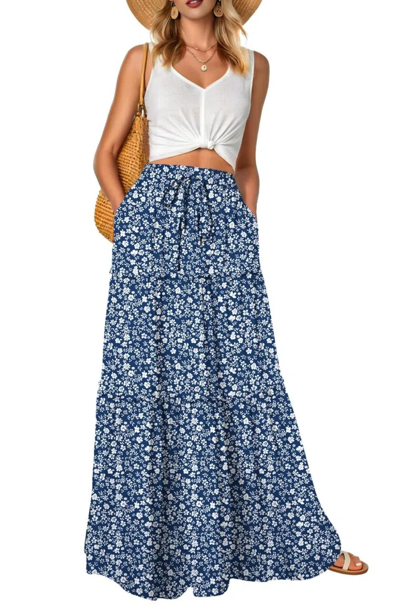 QIXING Gonna da donna in stile bohémien, a vita alta, maxi gonna estiva alla moda floreale carina con tasche