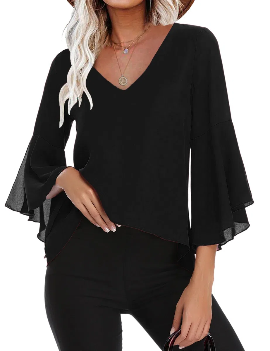 Gyabnw Camicetta Donna Casual in Chiffon Blusa Donna Estiva Traspirante 3/4 Manica Volant Scollo a V Blusa Leggero