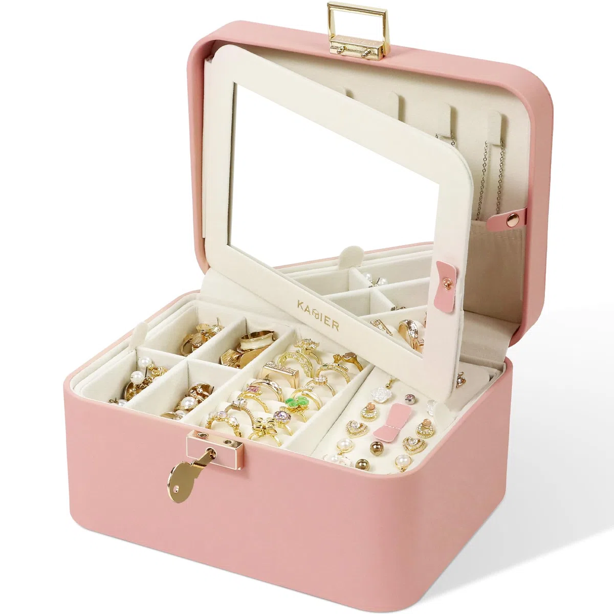 KAMIER Scatole di gioielli per le donne,2 strati PU Leather Travel Jewelry Box,Grande capacità,Doppia serratura e grande specchio,Ganci per collana nascosti,Divisori rimovibili,Confezione regalo