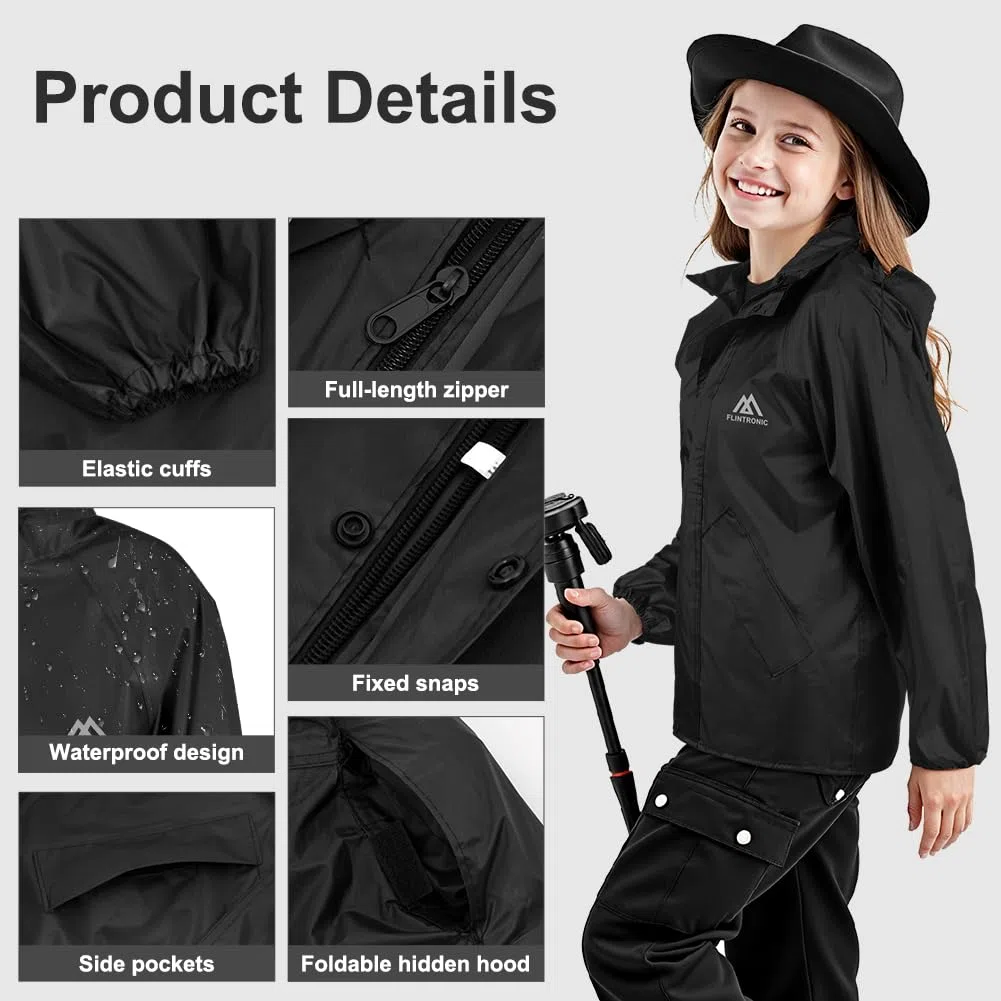 flintronic Giacca impermeabile Rain Jacket, Impermeabile Leggero Antivento con Cappuccio, per Bambini e Bambine, Impermeabile da Esterno per la Pioggia