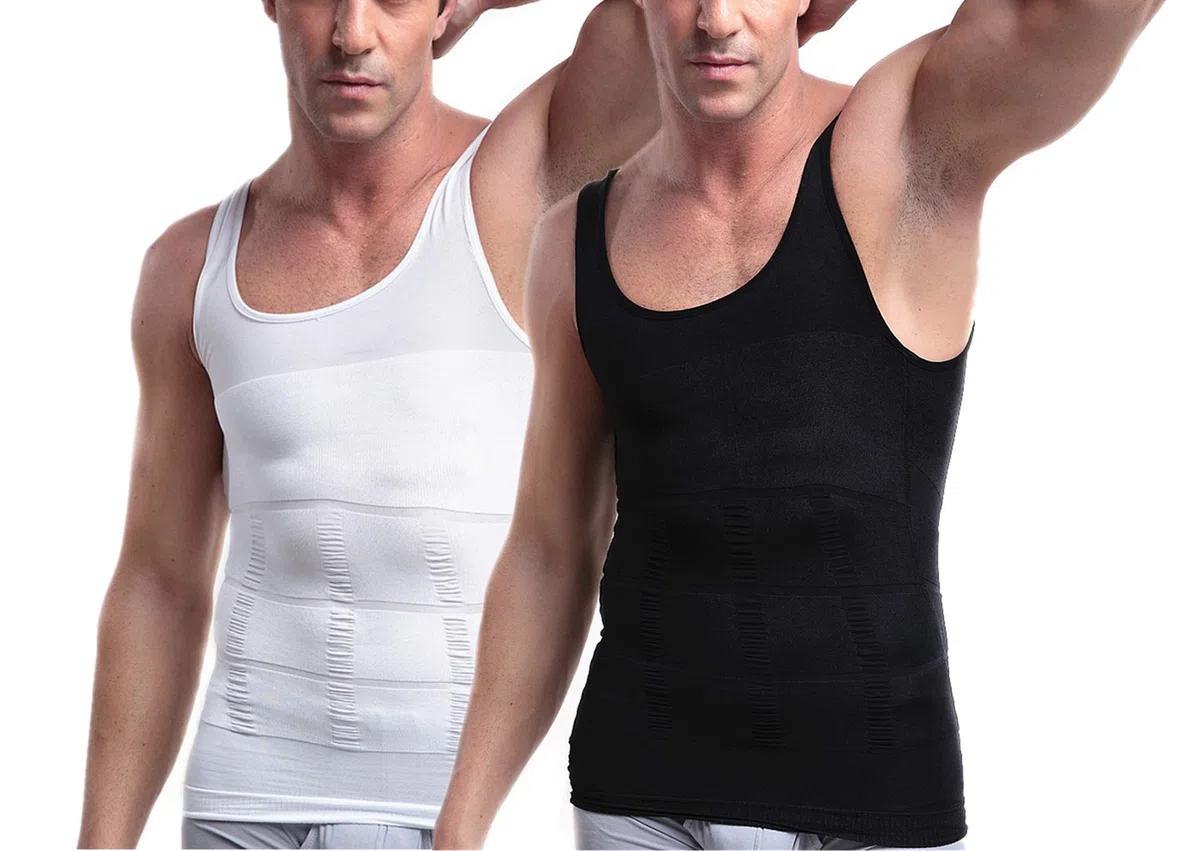 WannGe Mens Che dimagrisce la Camicia della Maglia dello Shaper del Corpo, carro Armato, Confezione da 2 – Nero e Bianco., M