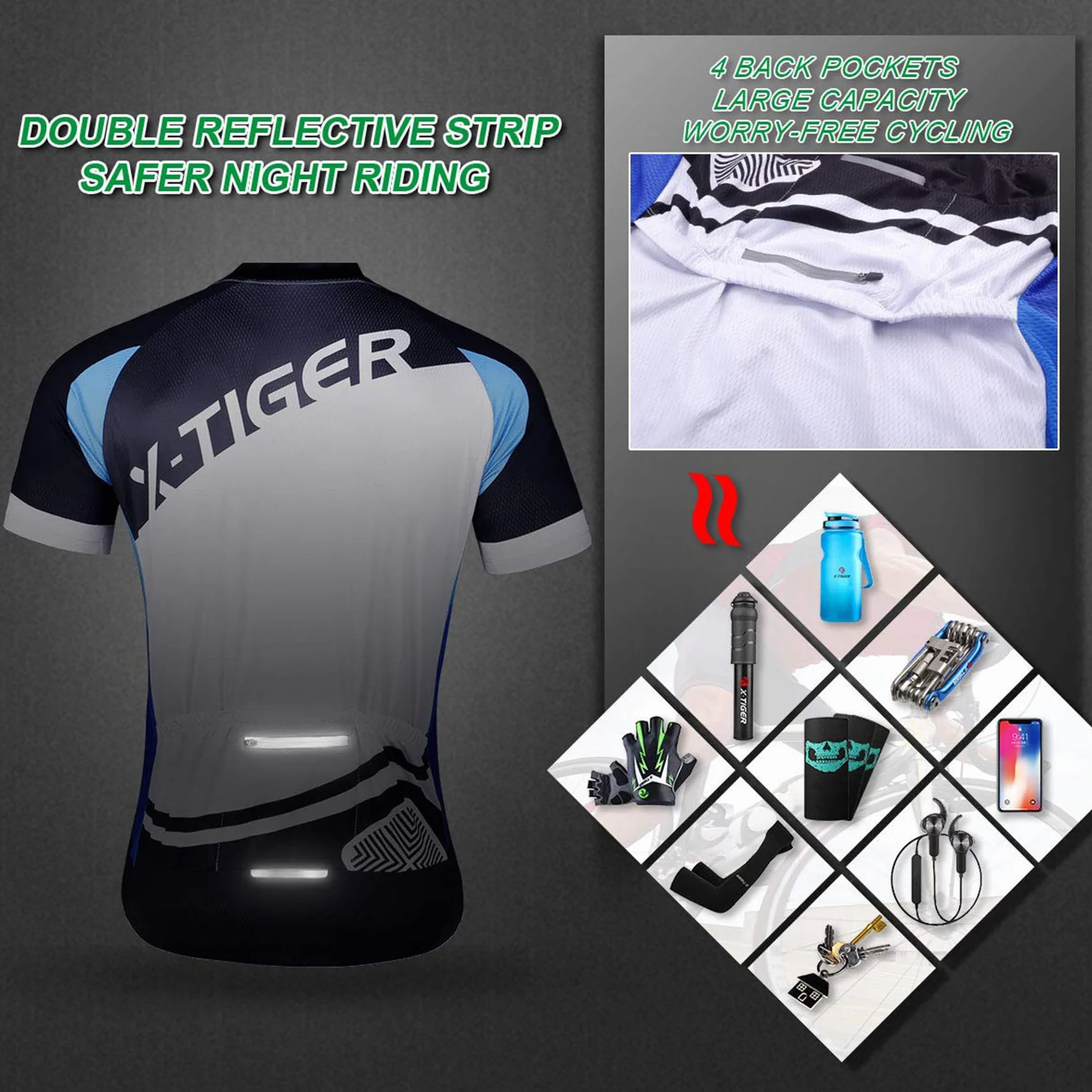 X-TIGER Magliette da Ciclismo da Uomo T-Shirt Corta Top Abbigliamento Maglie da Ciclismo Camicia da Mountain Bike MTB Traspirante e Assorbente dal Sudore Asciugatura Rapida