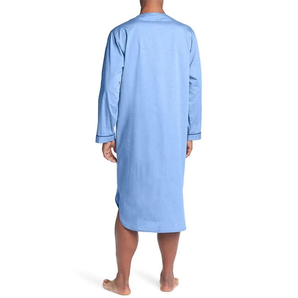 Camicia da notte da uomo in cotone a maniche lunghe, con bottoni e scollo a V, abbigliamento da notte