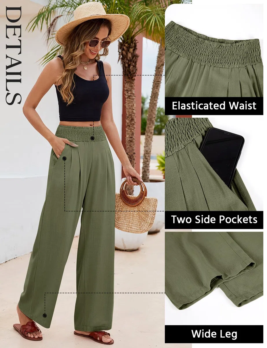 Pantaloni Lino Donna Estivi Pantaloni Elastico Vita Alta Larghi Eleganti Pantalone Casual da Spiaggia Comodi Leggeri con Tasche